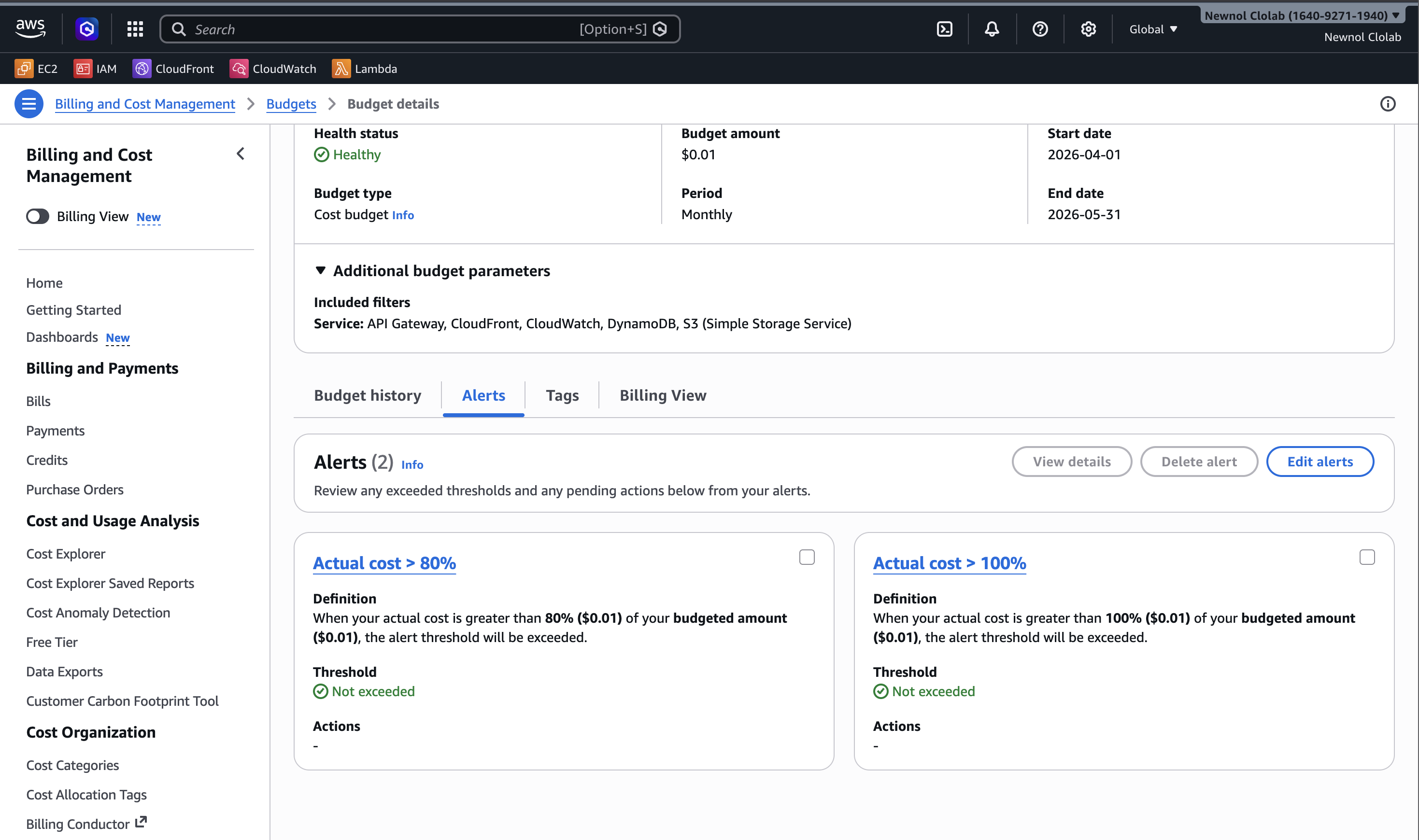 AWS Budget configuration