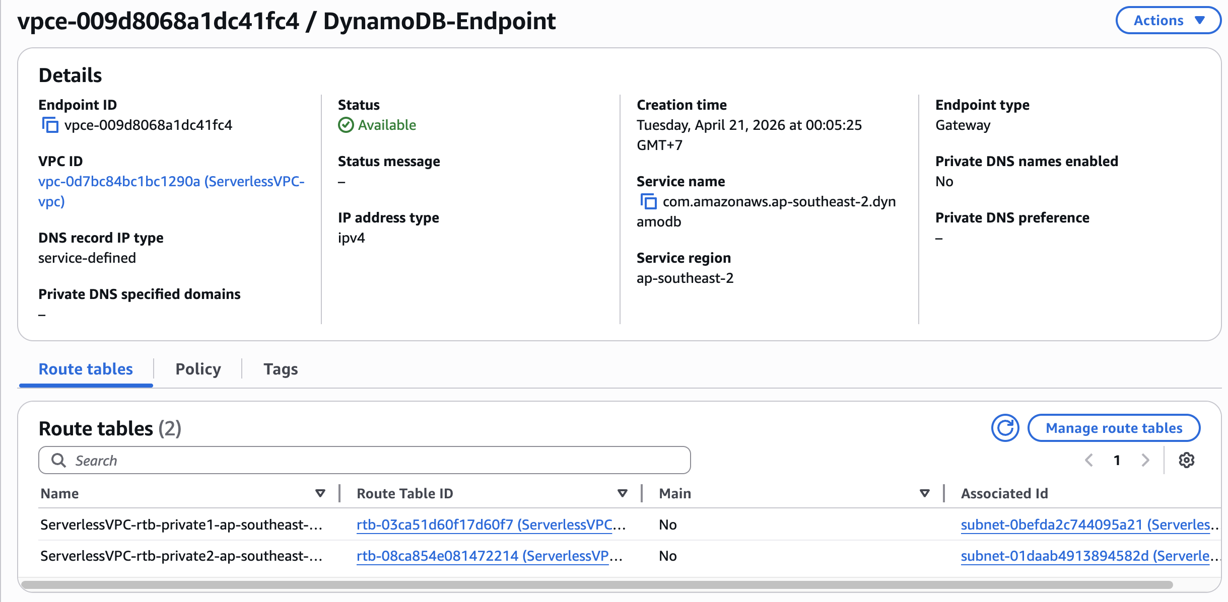 DynamoDB VPC Endpoint configuration