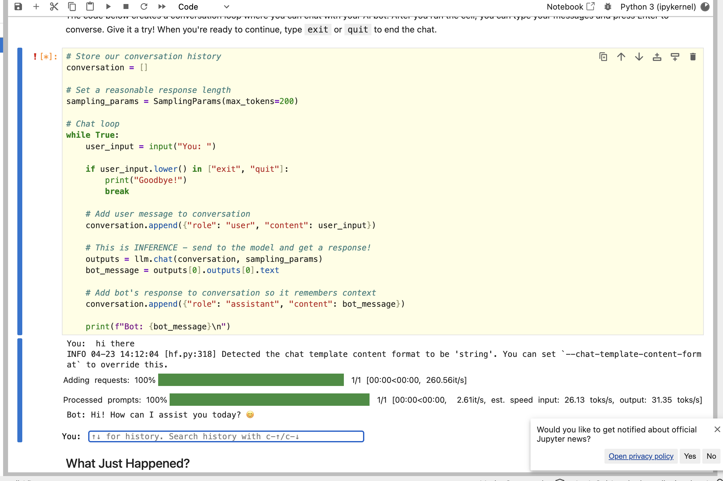 Basic chatbot loop running in the AMD AI Academy notebook