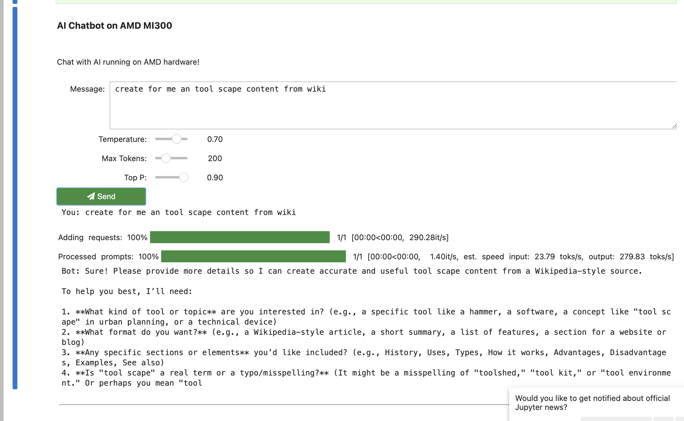 Widget-based chatbot interface running on AMD MI300